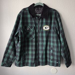 NWT Greenbay Packers Flannel Zip Front Jacket Green Black Plaid NFL Women Sz L